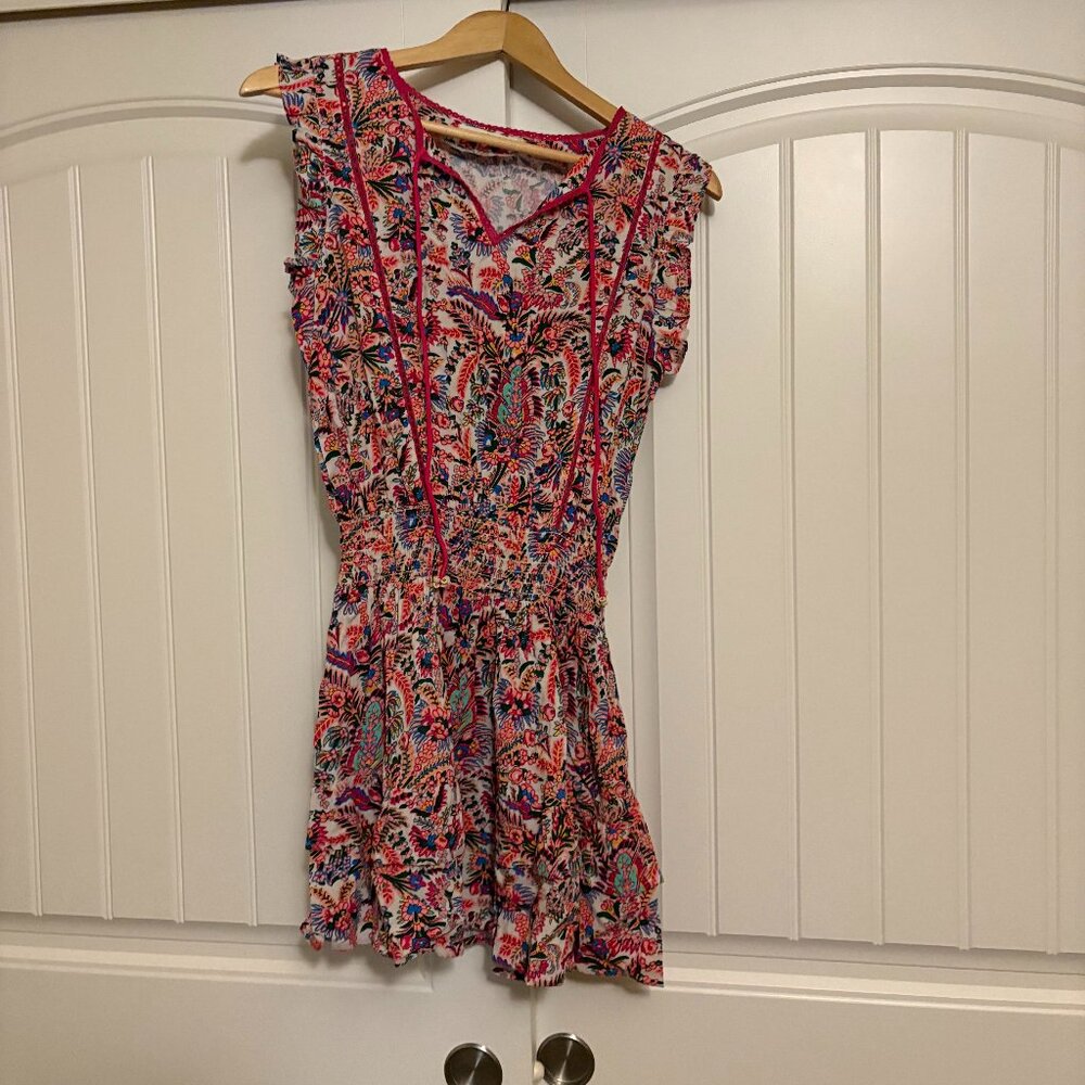 Natural Life Floral Print Dress XS Xtra Small Short Pink V Neck Viscose Gathered